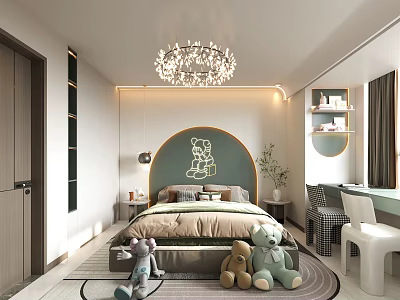 Kids Bedroom With Arched Headboard Decorative Chandelier Teddy Bears Rug Desk Chair And Potted Plant 3d model