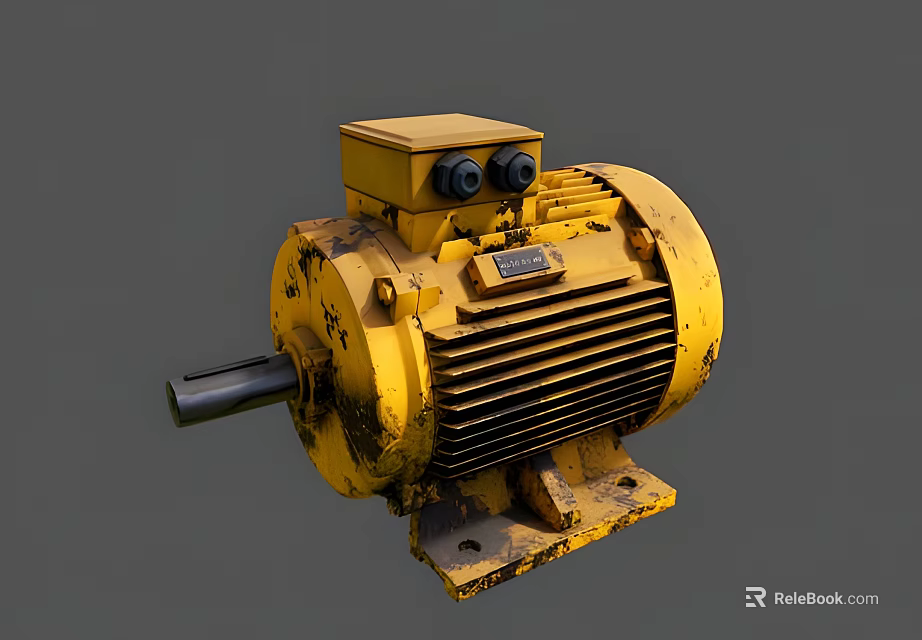 Yellow Industrial Electric Motor With Worn Surface Heat Sink Terminal Box And Shaft 3d model 