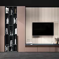 Modern TV Wall Design with Vertical Striped Panel Dark Stand and Decorative Items 3d model