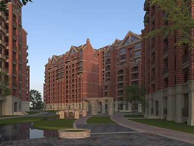 Red Brick Residential Building Architectural Design With Green Landscaping Water Pond And Pedestrian Path 3d model