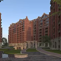 Red Brick Residential Building Architectural Design With Green Landscaping Water Pond And Pedestrian Path