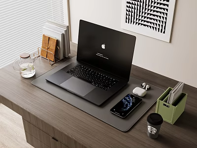 Black MacBook Laptop on Wooden Desk with Smartphone AirPods and Office Supplies 3d model