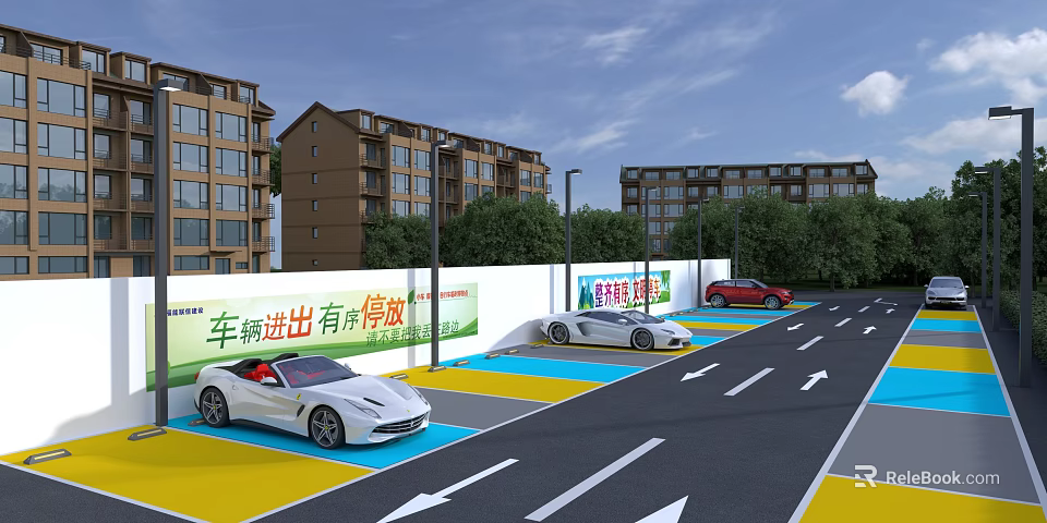 Residential Community Outdoor Parking Lot With Clear Colorful Markings For Orderly Daily Vehicle Parking 3d model 