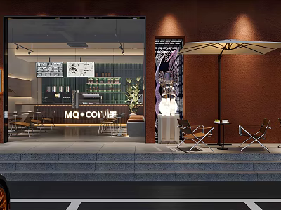 Open Storefront Cafe Featuring Outdoor Seating Patio Umbrella Warm Lighting And Indoor Menu Boards Plants 3d model