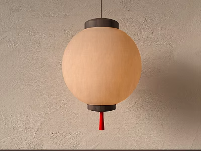 Hanging Cream Lantern Featuring Dark Top and Bottom Borders and Red Tassel on Textured Wall 3d model