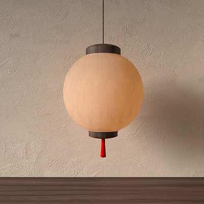 Hanging Cream Lantern Featuring Dark Top and Bottom Borders and Red Tassel on Textured Wall 3d model
