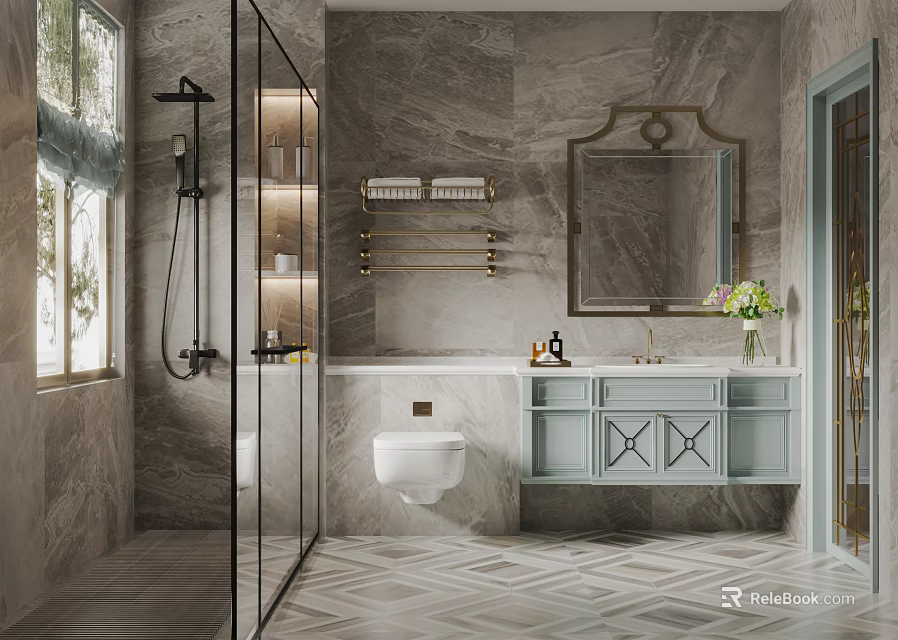 Luxurious Bathroom Interior With Marble Walls Glass Shower And Vanity 3d model 