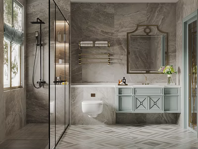 Luxurious Bathroom Interior With Marble Walls Glass Shower And Vanity 3d model