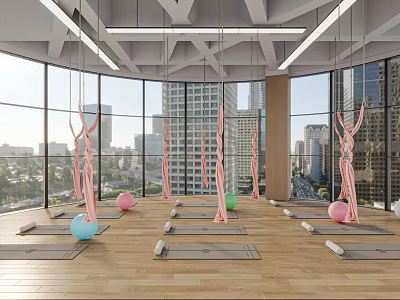 Spacious Yoga Studio With Large Windows City View Pink Blue Exercise Balls Aerial Yoga Straps 3d model