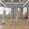 Spacious Yoga Studio With Large Windows City View Pink Blue Exercise Balls Aerial Yoga Straps