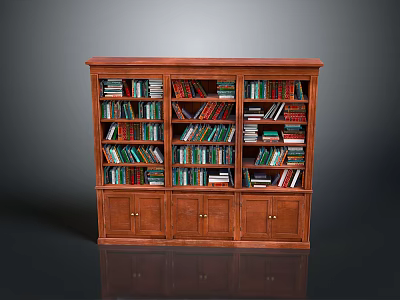 Classic Wooden Bookcase With Multiple Shelves Filled With Books And Cabinet Doors 3d model