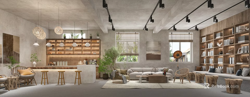 Modern Casual Space Interior With Wooden Shelves Track Lights Plants Sofa And Windows 3d model 