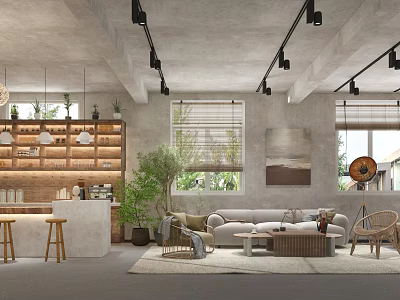Modern Casual Space Interior With Wooden Shelves Track Lights Plants Sofa And Windows 3d model