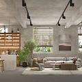 Modern Casual Space Interior With Wooden Shelves Track Lights Plants Sofa And Windows
