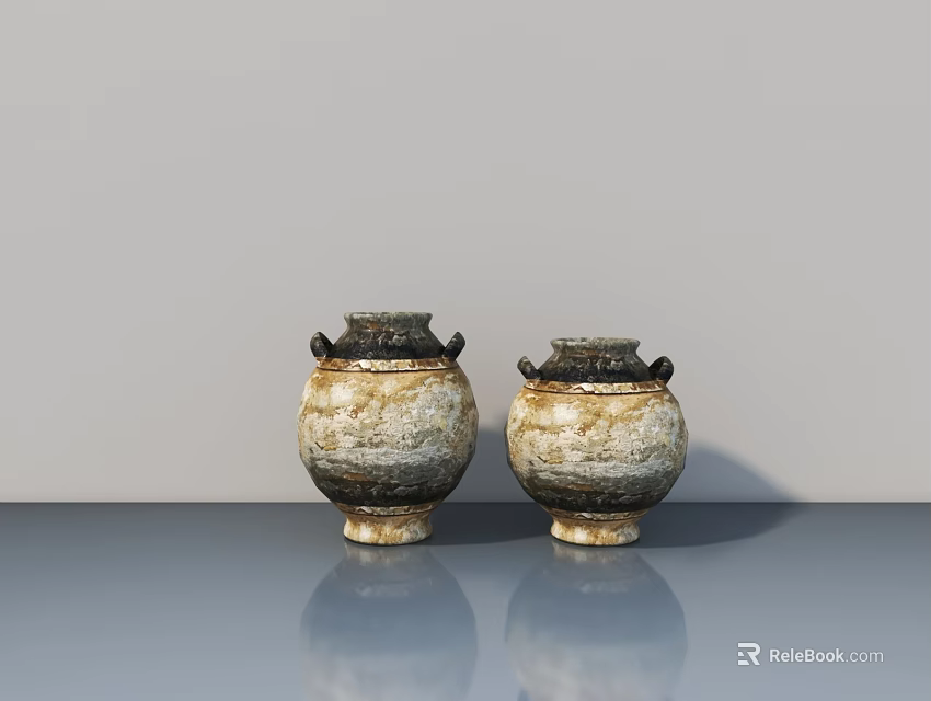 Two Double Handled Ceramic Jars With Ivory Textured Surface On Glossy Table 3d model 
