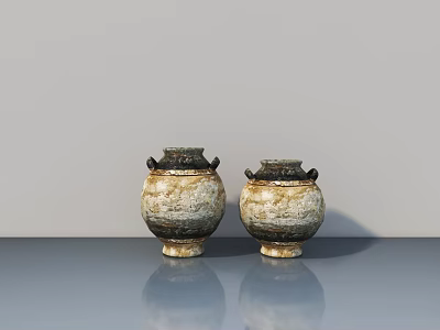 Two Double Handled Ceramic Jars With Ivory Textured Surface On Glossy Table 3d model