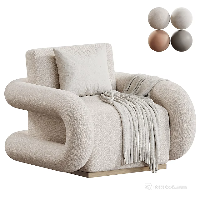 Beige Modern Single Sofa With Curved Armrests Cushion Throw Blanket And Golden Legs 3d model 