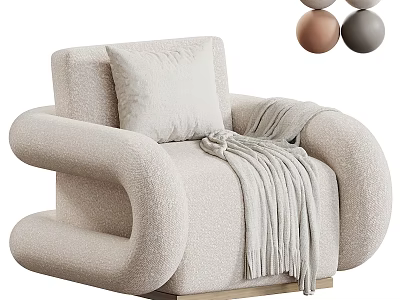 Beige Modern Single Sofa With Curved Armrests Cushion Throw Blanket And Golden Legs 3d model