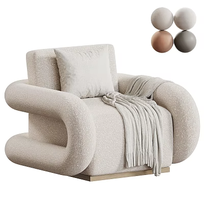 Beige Modern Single Sofa With Curved Armrests Cushion Throw Blanket And Golden Legs 3d model