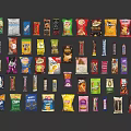 Variety of Colorful Snack Packages Arranged in Wall Display Design