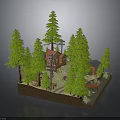 Forest Scene Model With Pine Trees Log Cabin And Wooden Bench