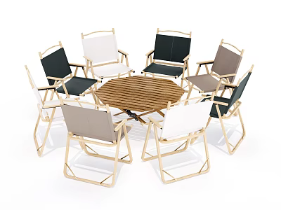 Outdoor Garden Hexagonal Wooden Table With Six Light Frame Colorful Cushioned Chairs 3d model