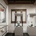 Traditional Exhibition Hall Interior With Wooden Beams Display Cases And Ceramic Vases