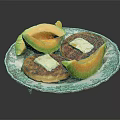 Delicious Pancakes Topped With Butter And Fresh Cantaloupe Melon Slices Served On Elegant Decorative Plate