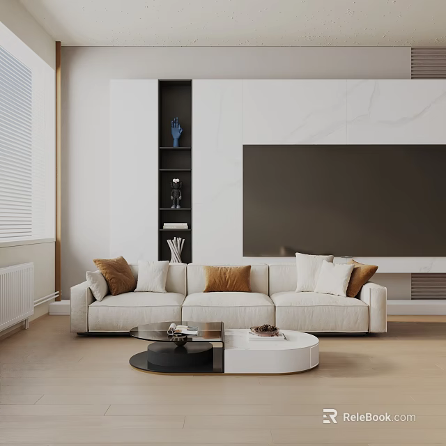 Beige Three-Seater Sofa With Throw Pillows In Modern Living Room White Walls And Coffee Table 3d model 