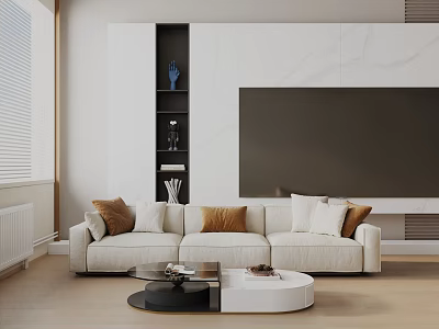 Beige Three-Seater Sofa With Throw Pillows In Modern Living Room White Walls And Coffee Table 3d model