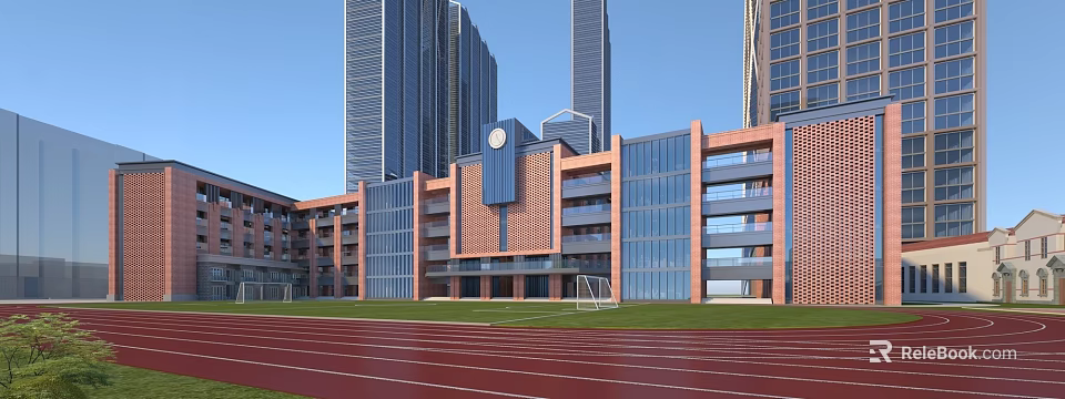 Modern School Building With Red Brick And Glass Walls Clock Tower Playground Red Running Track 3d model 