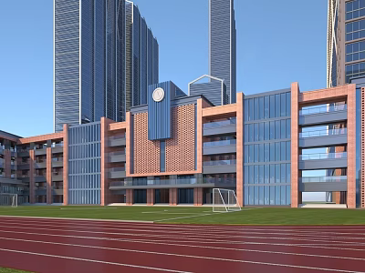 Modern School Building With Red Brick And Glass Walls Clock Tower Playground Red Running Track 3d model