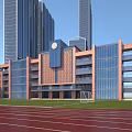 Modern School Building With Red Brick And Glass Walls Clock Tower Playground Red Running Track