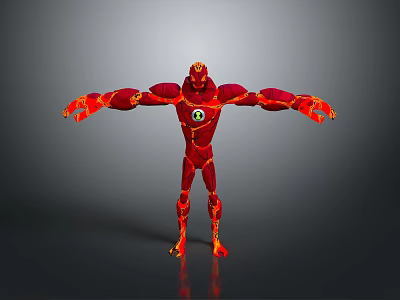 Red Flame Covered Muscular Character With Green Eye And Open Arms 3d model