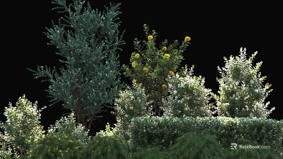 Lush Garden Plants Featuring Tree With Yellow Flowers And Green Shrubs 3d model 