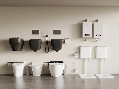 Modern Style Wall Mounted Black And White Toilets With Water Tanks Faucets Accessories 3d model