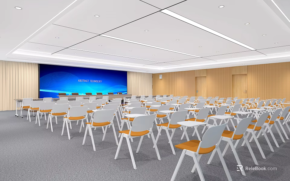 Modern Conference Room with Large Blue Screen Annual Meeting Wooden Walls Arranged Chairs and Tables 3d model 