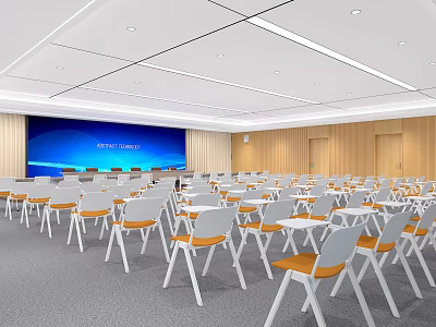 Modern Conference Room with Large Blue Screen Annual Meeting Wooden Walls Arranged Chairs and Tables 3d model
