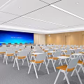 Modern Conference Room with Large Blue Screen Annual Meeting Wooden Walls Arranged Chairs and Tables