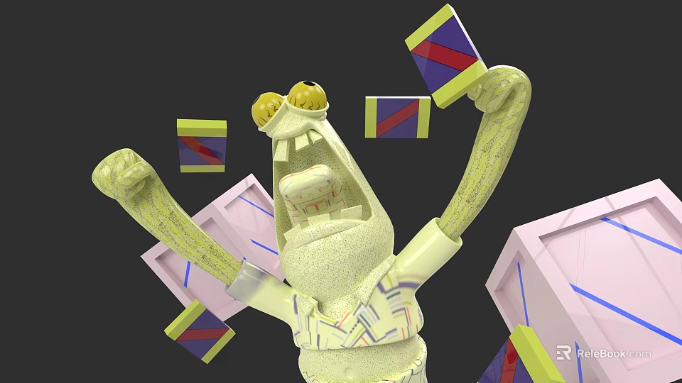 Yellow Game Character With Big Eyes Raised Arms Surrounded by Red Blue Striped Blocks 3d model 