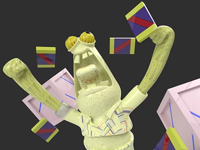 Yellow Game Character With Big Eyes Raised Arms Surrounded by Red Blue Striped Blocks 3d model