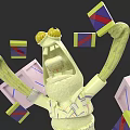 Yellow Game Character With Big Eyes Raised Arms Surrounded by Red Blue Striped Blocks