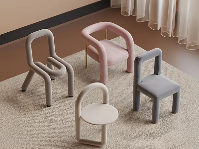 Contemporary Curved Design Chairs In Pink Gray White With Upholstered Seats And Metal Legs 3d model