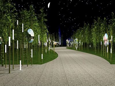 Night Pathway With Starry Sky Moonlight Green Trees And Round Decorative Poles 3d model