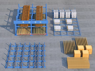 Industrial Equipment Storage Racks With Blue Metal Frames And Stored Materials 3d model