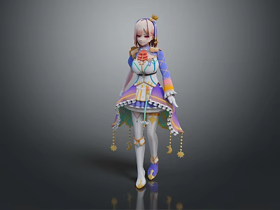 Game Anime Fantasy Character With Pink Hair Golden Headdress And Colorful Skirt Tassels 3d model