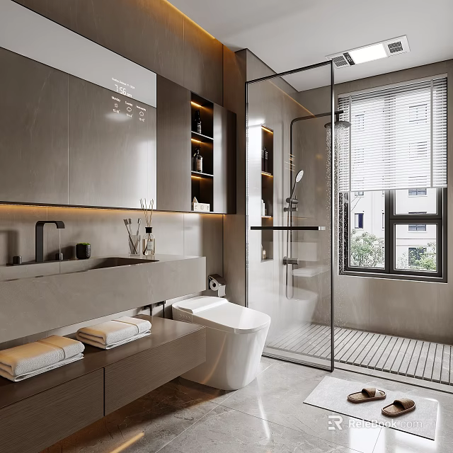 Modern Luxury Bathroom Design With Smart Toilet And Frameless Glass Shower And Warm Ambient Lighting 3d model 