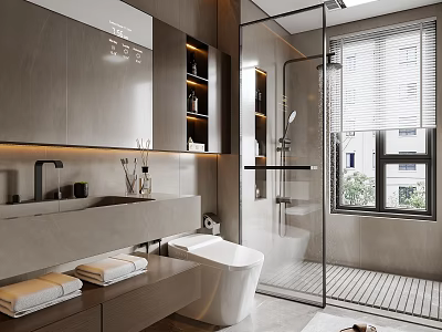Modern Luxury Bathroom Design With Smart Toilet And Frameless Glass Shower And Warm Ambient Lighting 3d model