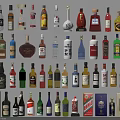 Various Wine Bottles and Drinking Glasses Display with Different Types and Colorful Designs 3d model