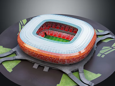 Detailed Stadium Model With Orange White Exterior Red Seats And Green Lawn 3d model